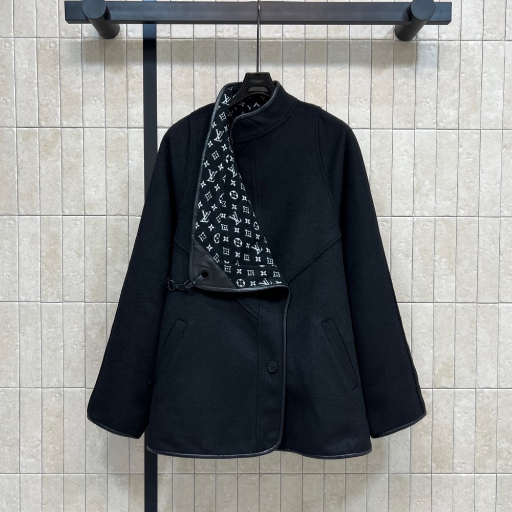 Louis Vuitton Black Pea Coat with Monogram Lining